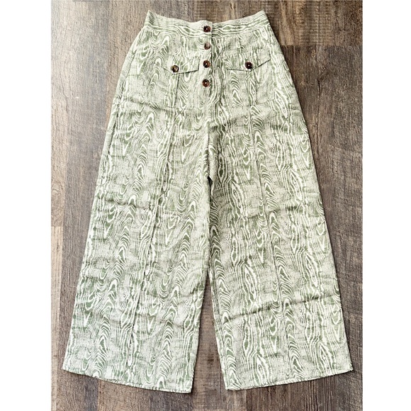 C/MEO COLLECTIVE green and white Arbor button fly wide leg pants 4 - Picture 1 of 10